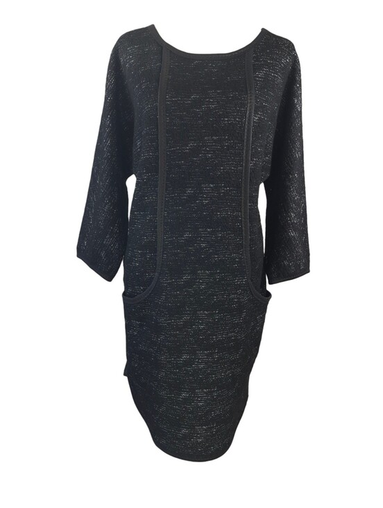Max Edition Dresses & Skirts - Max Edition Black Shift Dress Faux Leather Trim Pockets Long Sleeves Knit Medium